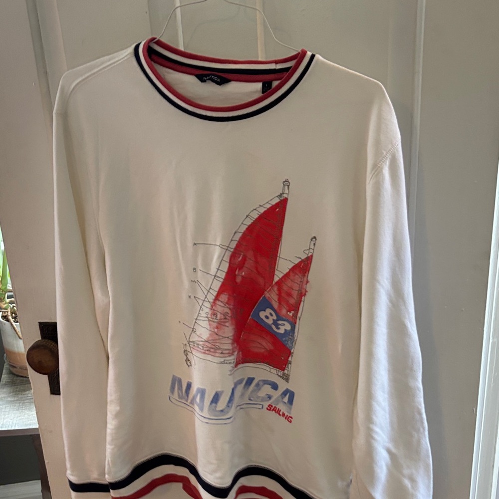 Nautica Men's White Sweater with Red and Blue Sailboat Design